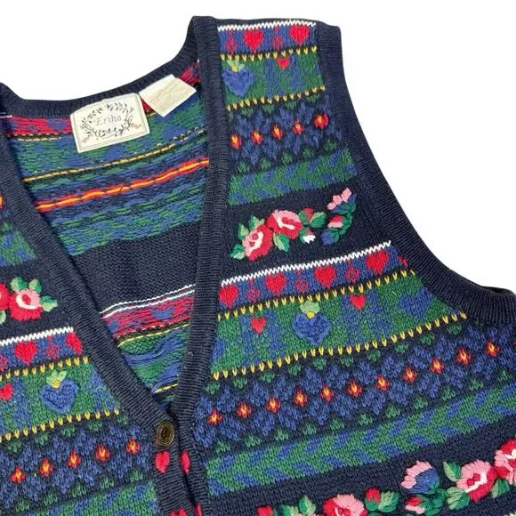 Vintage Erika Fair Isle Cottage Dark Floral Sweater Vest Size M Holiday Vintage - Picture 3 of 10